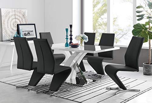 Furniturebox UK Atlanta Rectangle Chrome Metal Modern Stylish High Gloss White 6 Seater Dining Table and 6 Premium Willow Dining Chairs Set (Dining Table + 6 Black Willow Chairs)