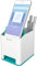 Leitz Sound Stifteköcher mit Soundverstärkungsfunktion, Stiftehalter inkl. Smartphone Fach mit Soundverstärkungsfunktion, Weiß/Eisblau, Duo Colour, WOW, 53631051