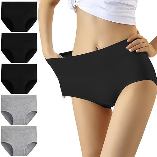 YouShow Unterhosen Damen 5er Pack Baumwolle Hohe Taille Unterwäsche Slip Stretchanteil(Mode Schwarz,XXL)