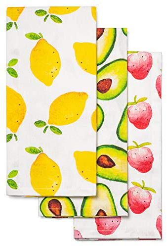 GMIcréatifs Geschirrtücher, Geschirrtücher, Zitronen-, Erdbeer- und Avocado-Drucke, je 100 % Baumwolle, weich, Maße: 40,6 x 61 cm, 3 Stück