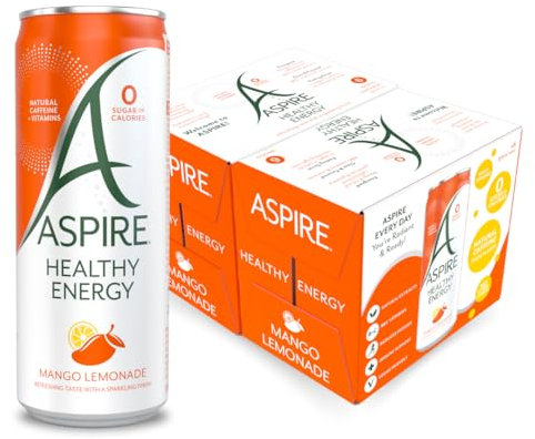 ASPIRE Mango Lemonade Healthy Energy Drink – 12 x 330ml Cans – Zero Calories & Zero Sugar – Natural Plant Based Caffeine - Vegan & Gluten Free…