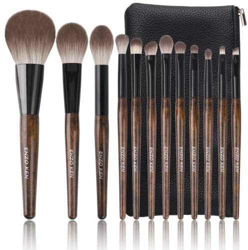 ENZO KEN Natürliches Ziegenhaar Make-up Pinsel Set Mit Handtasche - Professionelle Naturhaar Kosmetikpinsel, Walnuss Naturborsten