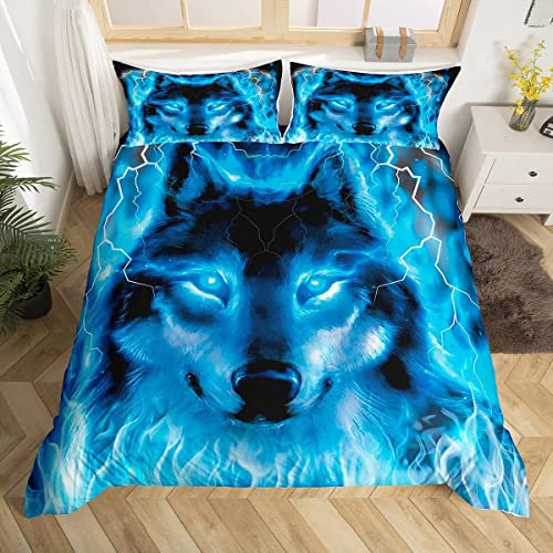 Wolf Bedding Bettwäsche-Set für Einzelbett, Kinder, Jugendliche, Safari-Tiermuster, coole Wildtier-Bettwäsche-Set, Glitzer, Blau, Wilder Wolf, leichte Bettwäsche, Jungen, Mädchen, Teenager, weiche