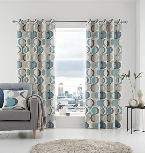 Fusion Duck Egg Geometric Eyelet Curtains 46 x 54 Inches (117 x 137 cm) – 100% Cotton – 2 Panels – Retro Vector Circle Print – Bedroom and Living Room Drapes – Crescent Pattern – Modern Style