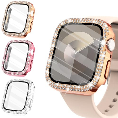 WINGLE 3-Pack Compatible for Apple Watch Screen Protector 41mm Series 9 8 7,Women Shiny Diamond Cover with Tempered Glass Screen Protector for iWatch Case 41mm Series 9 8 7(Rose Gold, Pink, Clear)