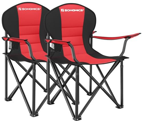 SONGMICS Campingstuhl, 2er Set, klappbar, Klappstuhl, bequemer mit Schaumstoff gepolsterter Sitz, mit Flaschenhalter, hoch belastbar, max. Belastbarkeit 250 kg, Outdoor-Stuhl, rot GCB06BK02