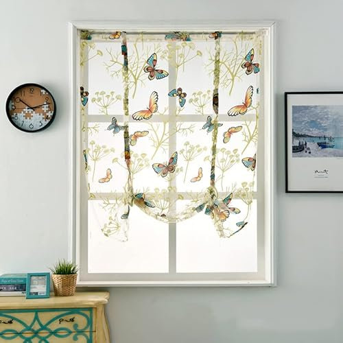 Devola Landhausstil Raffrollo Schmetterlings-Motiven Raffgardinen transparent Voile Vorhänge Küche Faltvorhang Modern Rollo mit Kordelzug Heimdekoration Fensterschal BxH 100x140cm Weiß 1er Pack