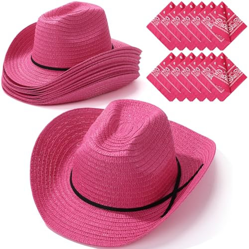 SATINIOR Lot de 12 chapeaux et bandanas de cowboy en paille – Chapeau de fête de cowboy avec tête bandana (rose, style classique)