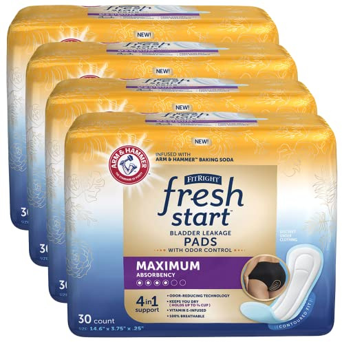 FitRight Fresh Start Postpartale und Inkontinenzeinlagen für Frauen, maximale Saugfähigkeit (120 Stück) Blasen-Auslaufeinlagen mit der geruchskontrollierenden Kraft von Arm und Hammer, 30 Stück, 4