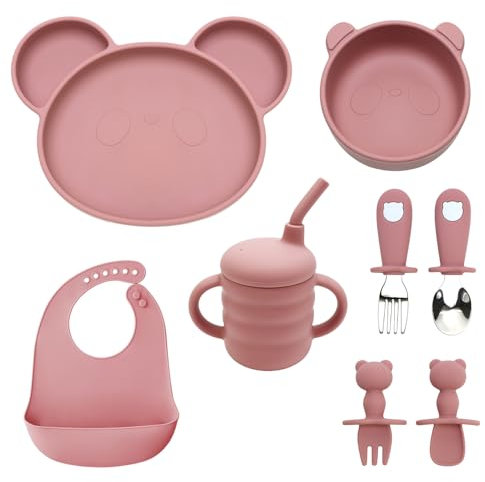 K-BABY Set Assiette bébé ventouse + bol bébé ventouse + couvert bebe inox et silicone - Antidérapante - Coffret bebe à partir de 4 mois - Sans BPA - Cadeau enfant (rose)