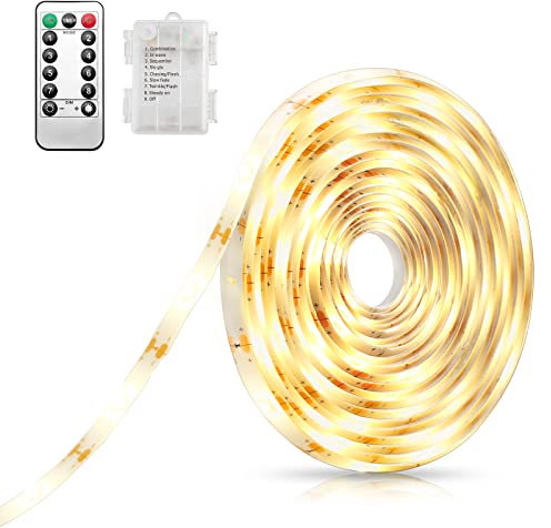 AMIR LED Streifen Batteriebetrieben, 5M 150 Batterie LED Strip mit Fernbedienung, LED Lichtband Wasserdicht, 8 Modi, Timer, Dimmbar Warmweiß Dekorative für Innen Außen Weihnachten Halloween