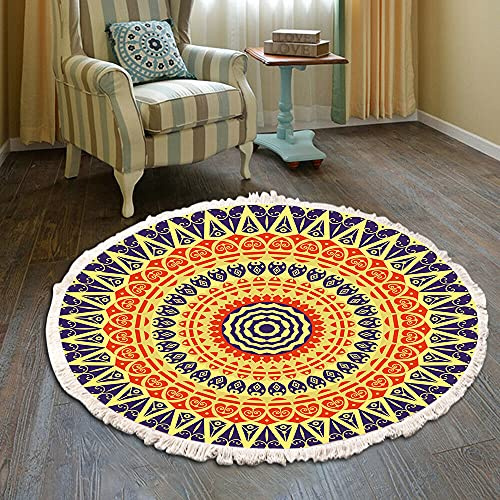 Duories Tapis rond en coton tissé à la main - Motif mandala - Style bohème vintage - Avec pompons - Lavable en machine - Pour chambre à coucher, couloir, salon, table basse - 80 cm - Fleurs #33