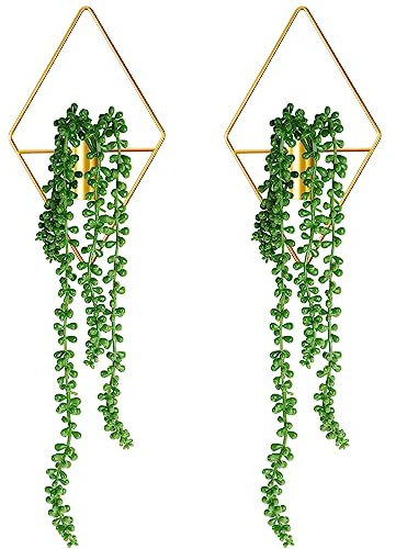 Jexine 2 Pcs Boho Wall Decor Gold Wall Art Hanging Planters with Artificial Plants Wall Mounted Metal Wall Decor Home Decor Display Wall Art Bedroom Bathroom Living Room(Succulent Plants)