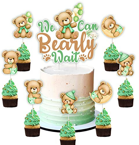 25 PCS Bear Baby Shower Cake Decorations Sage Green - We Can Bearly Wait Cake Topper & Cupcake Toppers Double Sided Printing, Greenery Bear Baby Shower Decor für Schwangerschaft Feier Newborn Party