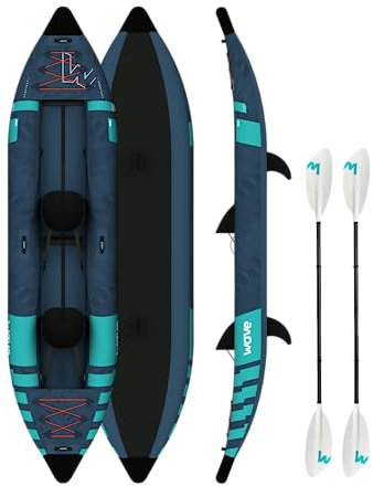 Explorer aufblasbares Kajakboot für 2 Personen – Kajak-Set mit 2 gepolsterten Schaumstoffsitzen und Fußstütze – komplettes Kajakzubehör mit 2 abnehmbaren Flossen, Paddel, Rucksack und Reparatur-Set