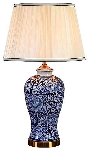 FAZRPIP Große chinesische orientalische Keramik-Tischlampe, blaues Blumenmuster, Gesamthöhe 65 cm, handbemalte Chinoiserie-Lampe für Wohnzimmer, Arbeitszimmer, Vasenförmige Tischlampe