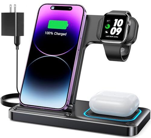 DUMTERR 3 in 1 Wireless Charger for iPhone 16/15/14/13/12,Wireless Charging Station for Apple Devices, Charging Stand for Apple Watch Series 10, for AirPods 4 (Black)