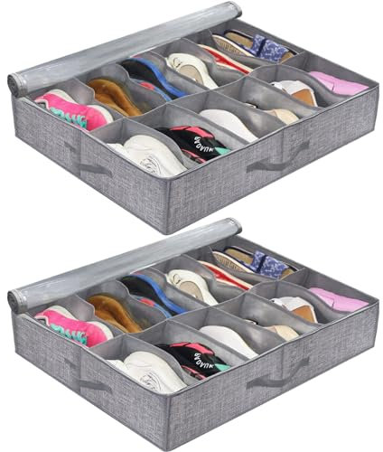 MOUYAT 2 Pack Under Bed Shoe Storage Organiser, 75 x 60 x 15cm Foldable Underbed Shoe Box with Clear Lid, Under Bed Shoe Storage Bags with Handle Fits 24 Pairs Total