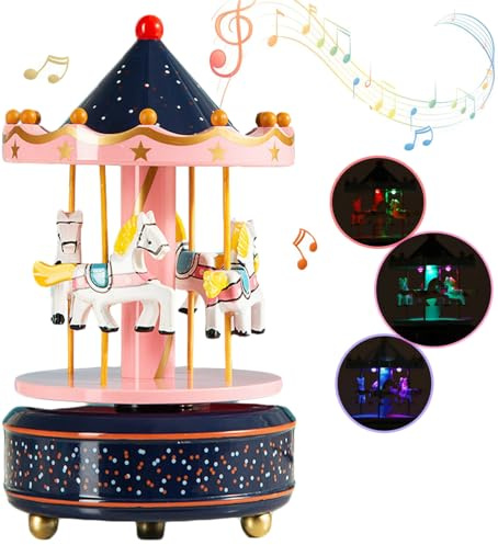 AIDIER Leuchtende Musikkarussell-Spieluhr mit LED-Lichtern, 4 Pferde, drehbar, Vintage-Traum, Karussell, Ornament, Dekoration