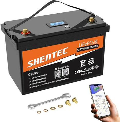 Shentec Lifepo4 150Ah Batteria auto Bluetooth LiFePO4 Batteria al litio a ciclo profondo da 150A BMS integrata, 8000+ cicli, per camper, rimorchio solare, barca e campeggio, con display a LED, interru