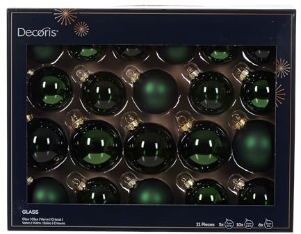 Decoris Weihnachtskugeln Glas 5-7cm 21er Set - matt & glänzend & transparent - Christbaumkugeln Weihnachtsbaumkugeln für Weihnachtsbaum - Kerstbal Glas d7 cm dengroen Ass 21st kerst Piniengrün
