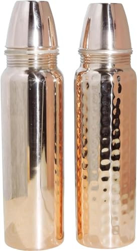 ANCIENTIMPEX Pure Copper Water Bottle Thermos Set | Plain & Hammered Design | 850 ml Ayurveda Bottle | Unlined, Uncoated & Eco Friendly