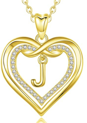 AEONSLOVE Damen Buchstaben Kette mit J Kupfer Gold Herz Anhänger Frauen Mädchen Namenskette Letter Necklace Initialen Alphabet Schmuck Geschenk