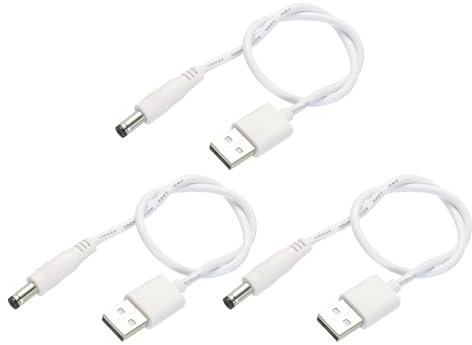 QUARKZMAN Cable de Alimentación USB a DC 0.3 m Cable USB a DC 5.5mm x 2.1mm 5V Blanco para Mini Ventilador Cámara Teléfono Móvil Tableta Dispositivos 3 Unidades