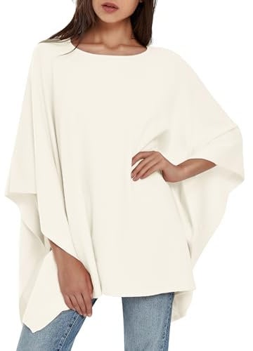 PULI Damen Pullover Poncho Elegant Viskose Strick Locker sitzend Poncho Schal Elfenbeinweiß