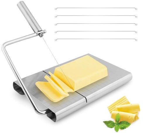 Ganquer Cheese Slicer, Stainless Steel with Scale Cheese Slicers Board, Multipurpose Cheese Slicers for Block Cheese,Butter,Sausages with 5 Replacement Wires(silver)