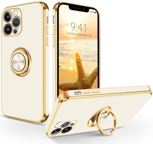 SouliGo iPhone 13 Pro Max Hülle, iPhone 13 Pro Max Handyhülle Slim weiche TPU Silikon Case Cover mit 360 Grad Ring Halter Ständer stabil Kratzfest Hülle für iPhone 13 Pro Max 6.5'' Weiß Gold