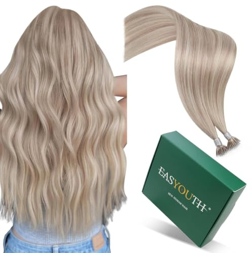 Easyouth Nano Ring Extensions Echthaar Blond Extension Echthaar Nanoring Aschblond Highlight Gebleichtes Blond Haarverlängerung Nanoring Extension Glatt #P18/613 40 cm 50s 50 g