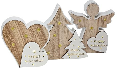 Bambelaa! 3er Set LED Holzdeko Tanne Herz Engel Weihnachtsdeko mit Beleuchtung Frohe Weihnachten für Innen ca. 13 x 11 cm