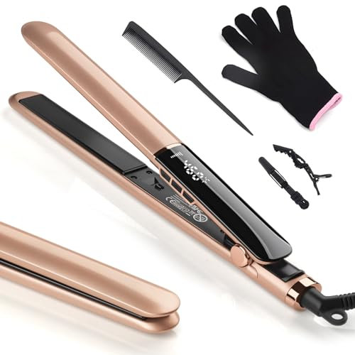 Glätteisen Haarglätter Ceramic Straight für glatte & glänzende Haare, 2 in 1 Glätteisen Locken und Glätten, Dual-Spannung 150°C-230°C für alle Haartypen, mit Handschuh (Roségold)