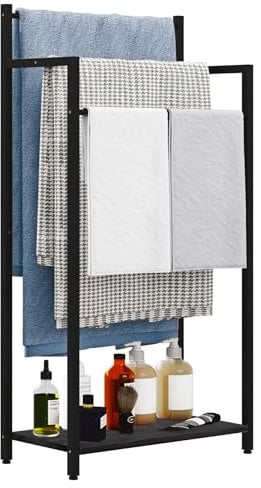 yeavs Freestanding Towel Rack, 3 Tier Blanket Ladder Stand with Black Wooden Shelf for Bathroom Living Room (31.5”H x 16.9”W x7.9”D)