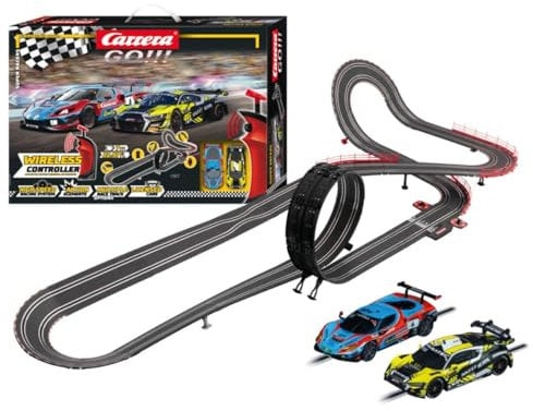 Carrera GO!!! Rennbahn Autorennbahn Super Racers Wireless Set | Grundpackung 62585 | 2 Slotcars inkl. 2 Wireless Handregler mit Turbo-Knopf | inkl. Looping, Fly-Over, Steilkurve und Rundenzähler