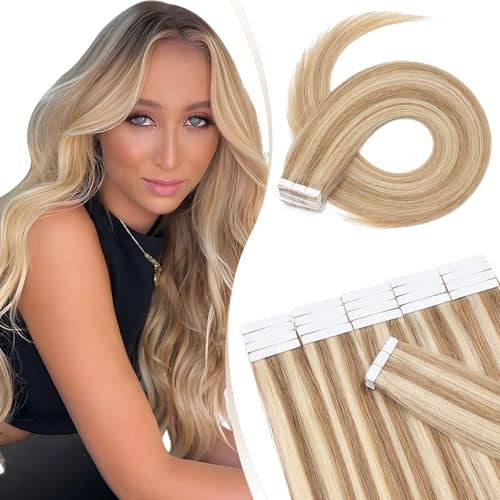 Elailite Tape Extensions Haarverlängerung - Invisible Tape Extensions Echthaar - Remy Real Human Hair - 20 PCS 30g Tape in Extensions - glatt - #12P613 Goldbraun&Gebleichtes Blond - 50cm