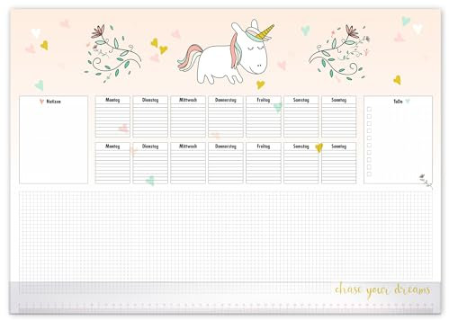 PRIMUS PRINT - Einhorn Schreibtischunterlage Papier - DIN A2 Unterlage Schreibtisch - Abreißblock - 80g Dickes Naturpapier - Stabiler Papprücken - 25 Blatt - [ Motiv: Einhorn mit Fußleiste ]