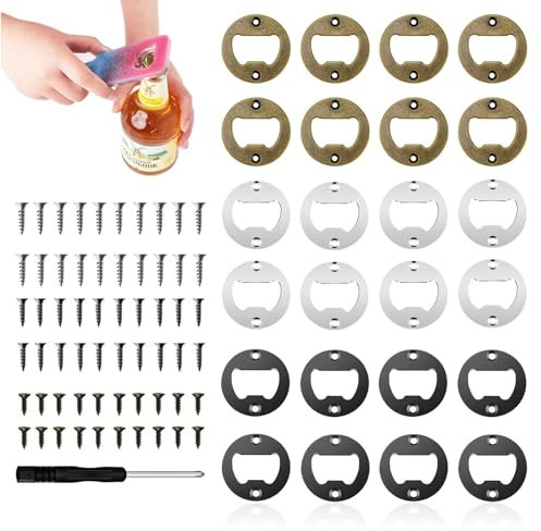 24 Stück Flaschenöffner, Bieröffner Edelstahl Kapselheber Rohling Rund Bierflaschenöffner Einsätze Hardware Metalleinsatz Teile Kit für DIY Zubehör (Schwarz Silber Bronze)