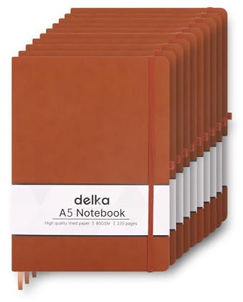 delka A5 Notebook – Lined Notepad Journal, Soft Cover Writing Pad for Office, School, College, Home & Business – Ideal for Note Taking, Daily Planning, Journaling & Study (DARK BROWN, Pack of 10)
