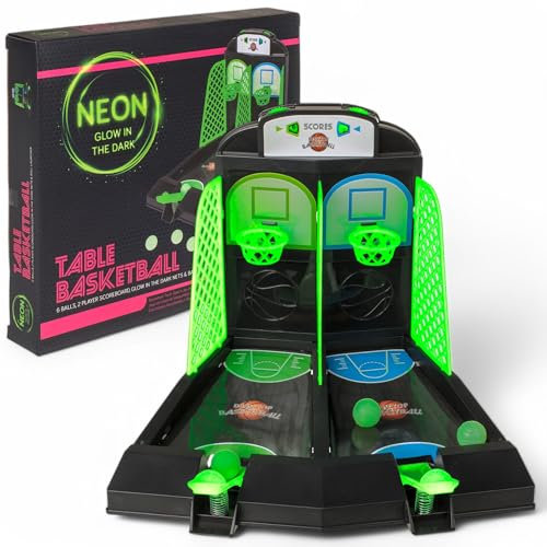MIJOMA Basketball Tischspiel – Leuchtendes Arcade-Spiel für 2 Spieler – Glow-in-The-Dark Basketball-Set mit 6 Bällen – Geschicklichkeitsspiel für Kinder & Erwachsene