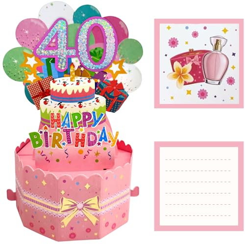 JanYoo 3D Pop Up Karte 40.Geburtstagskarte, Happy Birthday Geburtstag Karte Grußkarte Cards Mit Umschlägen und Karten für Frau Mann Familie und Freunden Romantik Geburtstagsgeschenk,Rosa