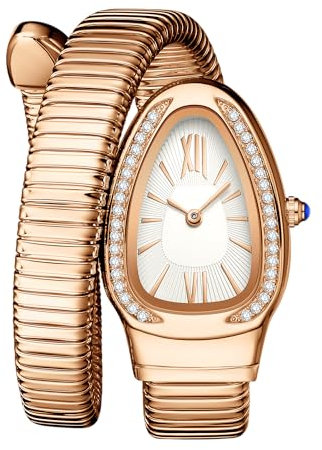 Women's Watches Snake Shape Diamond Watch for Women Luxury Ladies Gold Watch Analog Quartz Wristwatch with Flexible Alloy Strap (Rose Golden White)