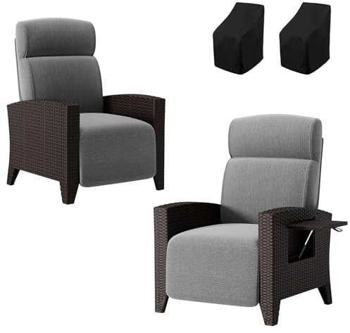 haiorjun Gray Rattansessel 2tlg, Liegesessel Garten mit Verstellbare Rückenlehne und Klappbare Tischplatte, Ergonomische Rattan Relaxliege Garten mit Dicke Sitzkissen und Abdeckung