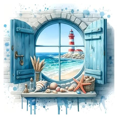 EOBROMD Diamond Painting Kit Completo Ventana, Faro Pintura de Diamante Adultos, Paisaje Punto de Cruz Diamante, Cuadro Diamante Art Rhinestones Bordado para Decoración Hogar 30x30cm