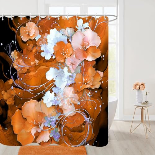 Uiiooazy Orange Shower Curtain for Bathroom Teal Blue Yellow Flowers Shower Curtain Set with Hooks Abstract Burnt Orange Bathtub Decor Waterproof Fabric Curtains 72x72inches