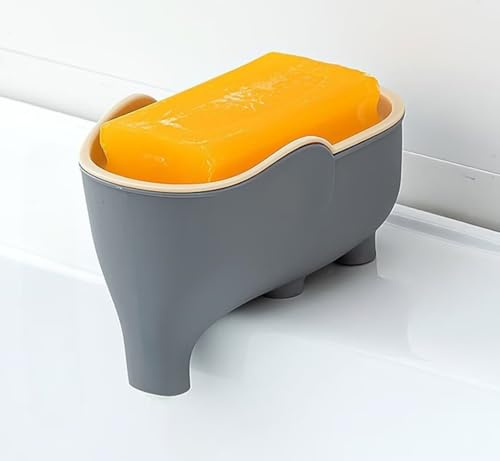 Seifenschale mit niedlichem Elefanten-Design, Seifenhalter, Tasse, Badezimmer, Badewanne und Küchenspüle, ohne Bohren, abnehmbar, Halter für Dusche, Grau