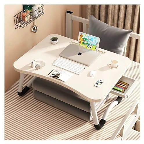DECODEKO Bandeja para Cama Plegable, Mesa de Cama para Desayuno, Ideal para Portátil, Ordenador, Libros, Playa y Camping con Soporte para Portátil y Atril para Libros (Mod 1 Blanco con Cajón)