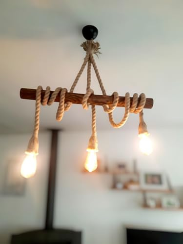Solenzo Lustre suspension en bois et corde 3 ampoules - style rustique - campagne chic - bord de mer - E27
