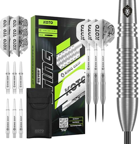 KOTO – Sting Silver 90% Tungsten Darts, 22G-26G, Silber, Mit Extra Flights und Shafts, Steeldarts, Dartpfeile Profi Set